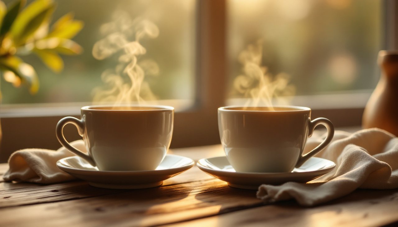 Due tazze di caffè affiancate su un tavolo in legno alla luce del mattino