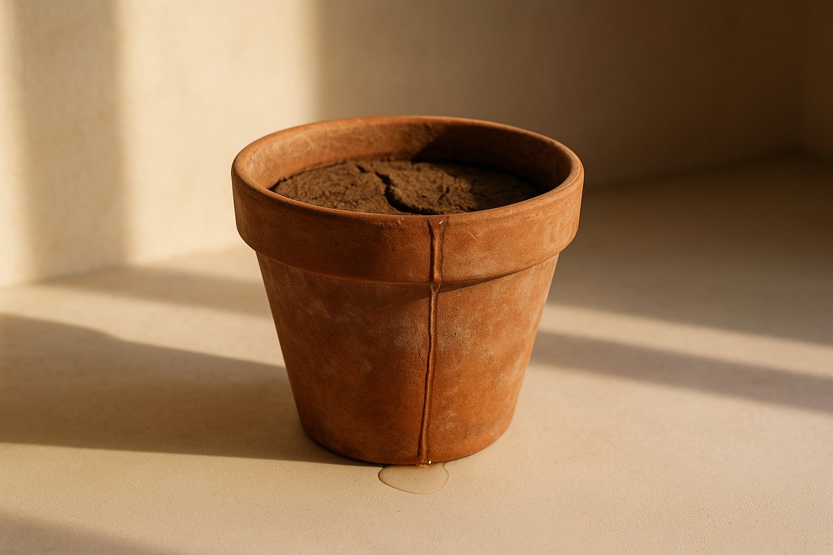 Vaso di terracotta in luce naturale calda con la terra secca e spaccata all'interno, mentre un filo d'acqua scivola lungo la parete esterna e forma una piccola pozza sul piano